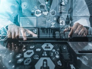 Medical Healthcare Research and Development Concept. Doctor in hospital lab with science health research icon show symbol of medical care technology innovation, medicine discovery and healthcare data.